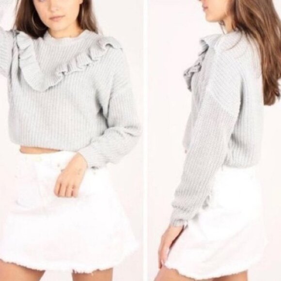 NWT BlankNYC Rum Ruffle Grey Knit Sweater Size Medium New With Tags Ribbed Boho - Picture 3 of 14